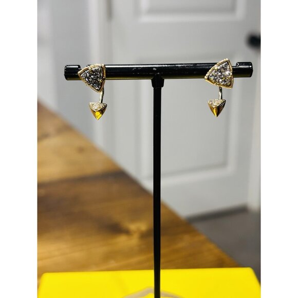 New Kendra Scott Perry Ear Gold Jacket Earrings In Black Drusy - Picture 1 of 5